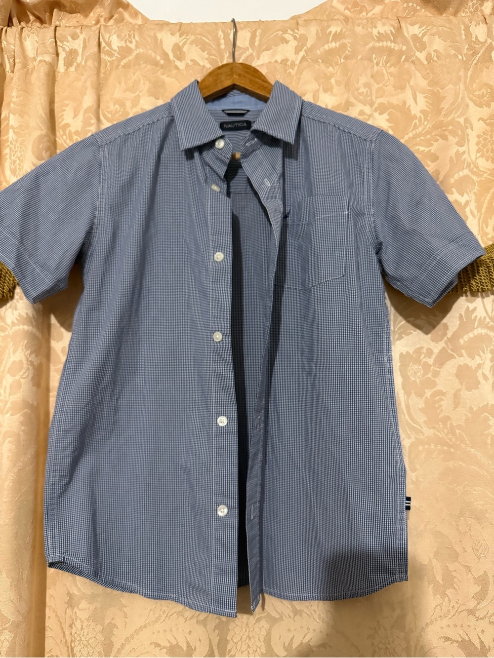 Nautica Blue Micro-Check Short Sleeve Button-Down Shirt BOY M